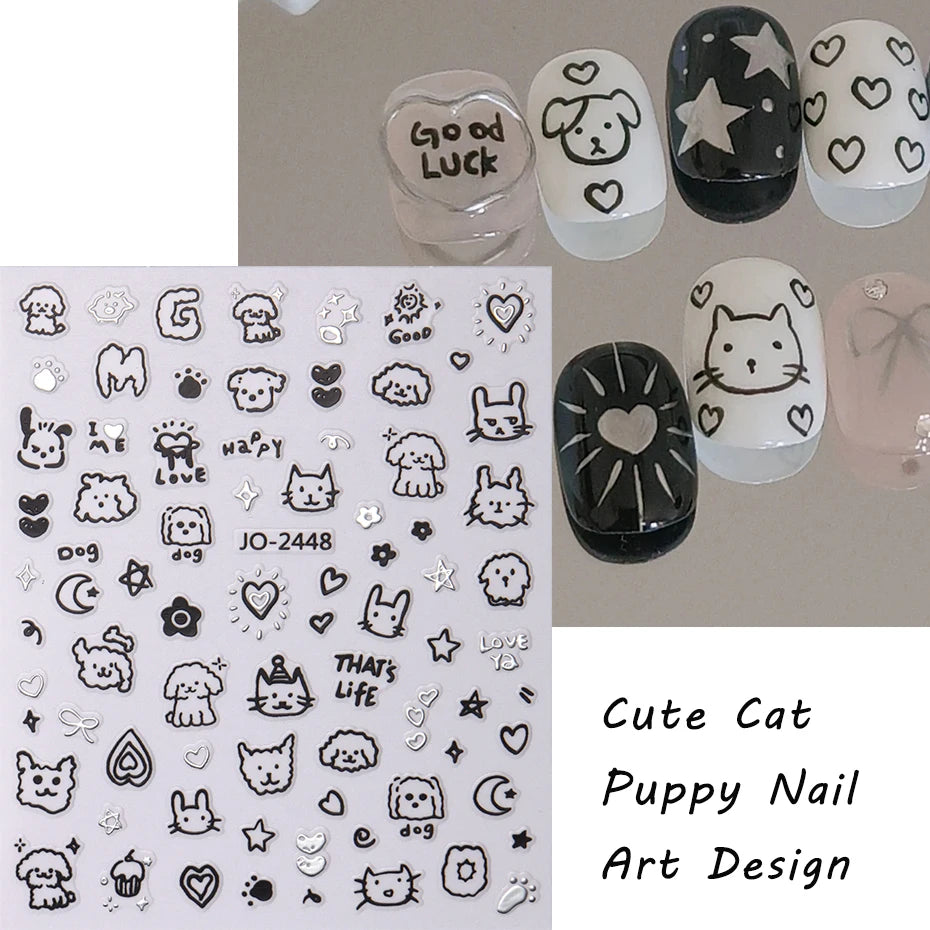 2Pcs Cartoon Cute Cat Nail Childlike Stickers Holographic Love Heart
