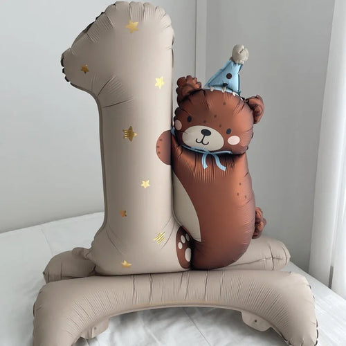 1PC Brown Pink Blue Bear One Year Old Standing Balloon Children's Baby
