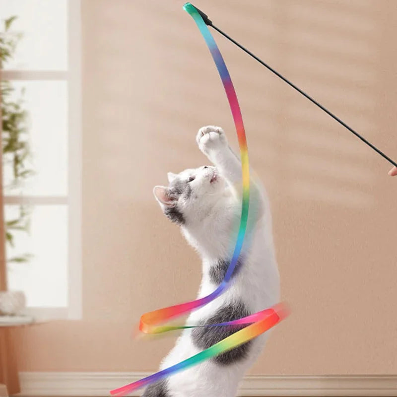 Interactive Coloured Ribbon Cat Toys Teasing Catd Stick Satin Ribbon