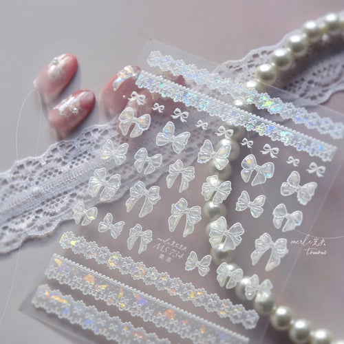 1pcs Sweet Pearl Lace Bow Nail Stickers Love Heart Pink White Black