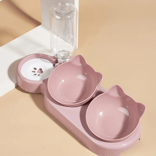 Pet Bowls With Water Feeder, 3 In 1 Ear Design Tilted Cat Water And