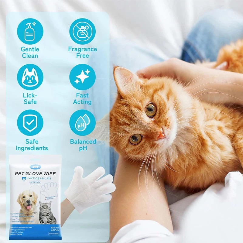 6Pcs Pet Wipes Gloves Free Cleaning Dog & Cat Wipes Puppies and