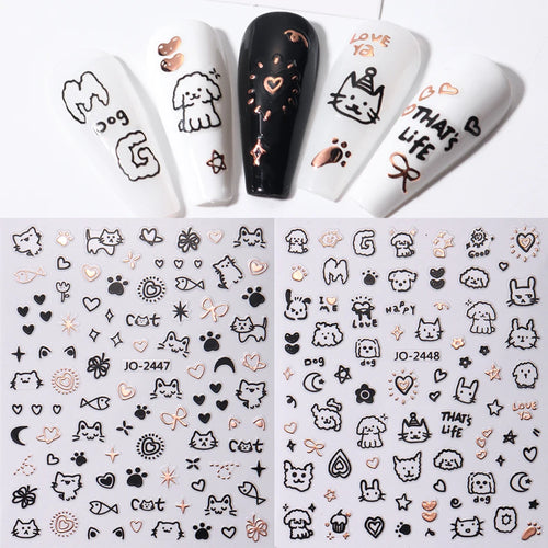 2Pcs Cartoon Cute Cat Nail Childlike Stickers Holographic Love Heart