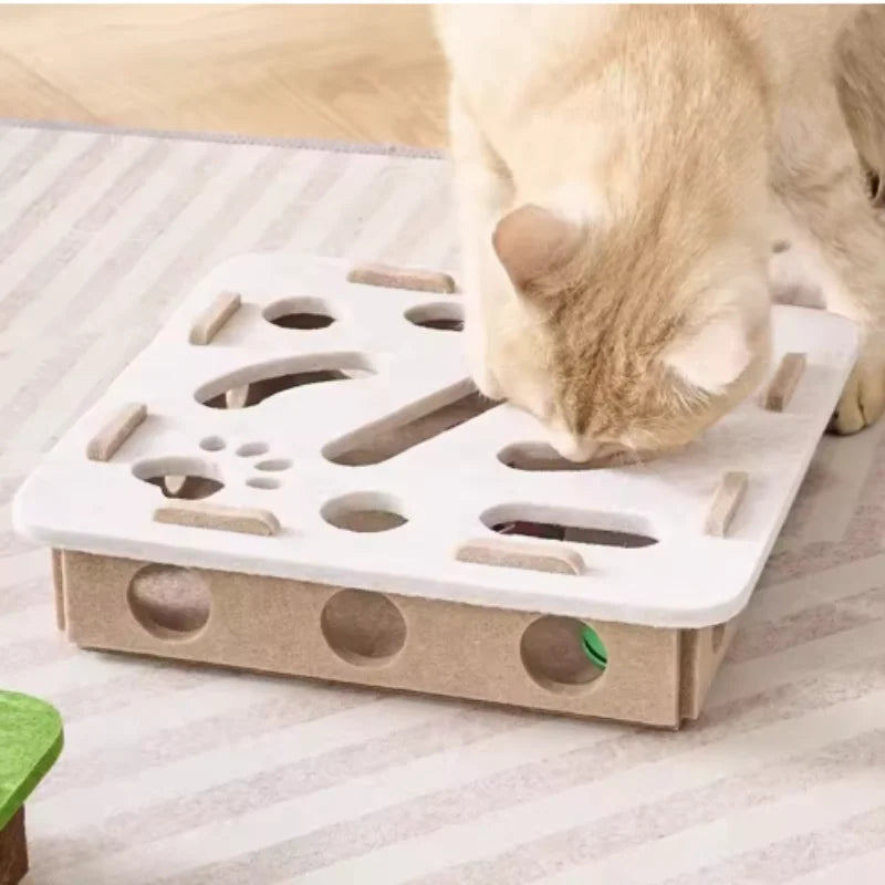 Interactive Cat Puzzle Maze Toy with Bell Ball Felt Box Kitten Playing