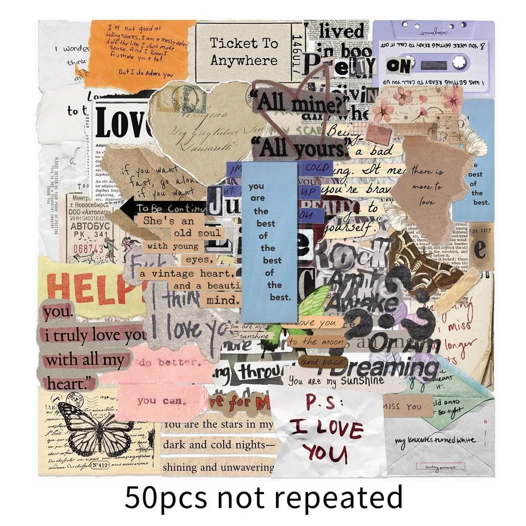 50 Pieces Vintage English Fragment Transparent Stickers - Minimalist