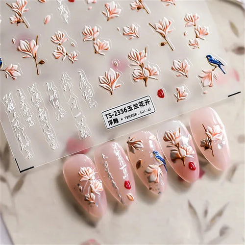 Japanese Vintage Red & Blue Rose Flower Laser Gold Silver Nail
