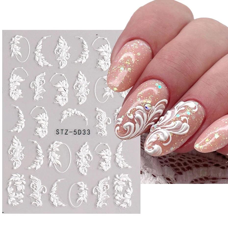 5D Simple Flowers Nail Embossed Stickers Elegant Wedding Design