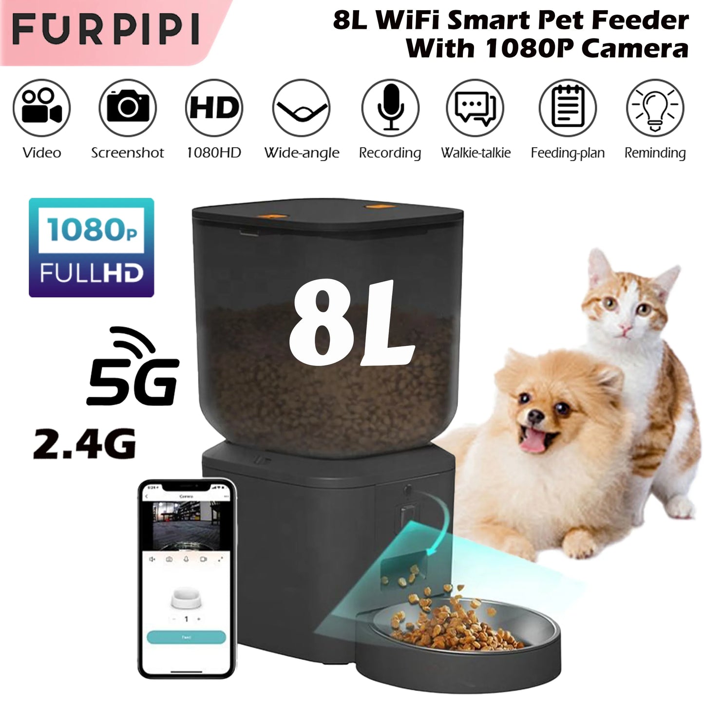 8L Automatic Cat Feeder With 1080p Camera Video 5G WiFi Cat Food