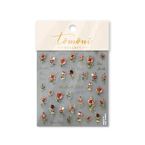 Japanese Vintage Red & Blue Rose Flower Laser Gold Silver Nail