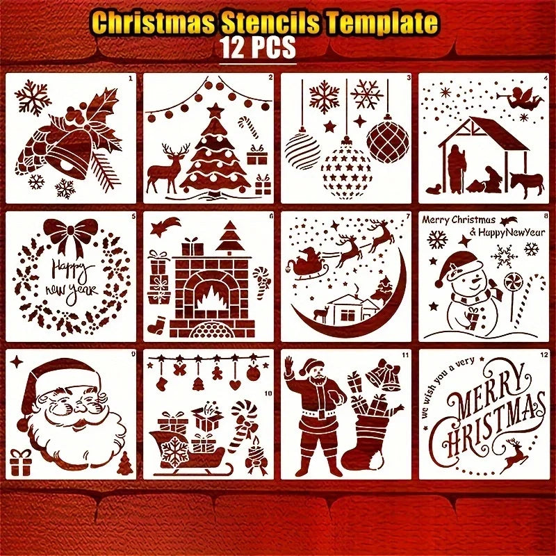 12pcs Christmas Series Painting Stencils - Reusable, Washable, PET