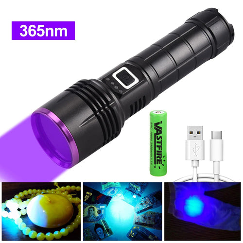 Powerful 365NM UV Flashlight USB Rechargeable Waterproof Purple Light