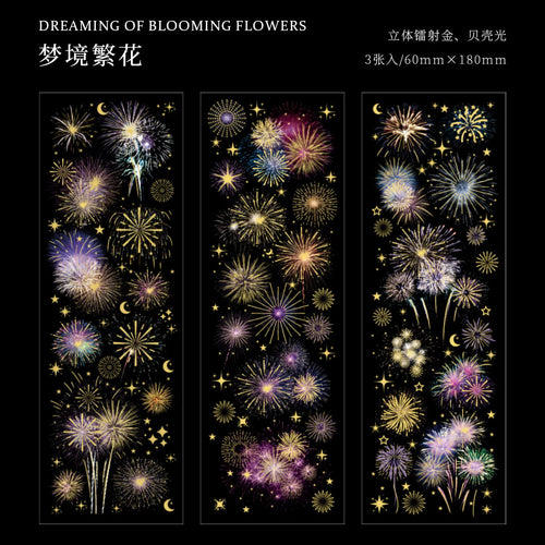 3 Sheets Long fireworks flat PET Stickers Adhesive Diy Stick Labels