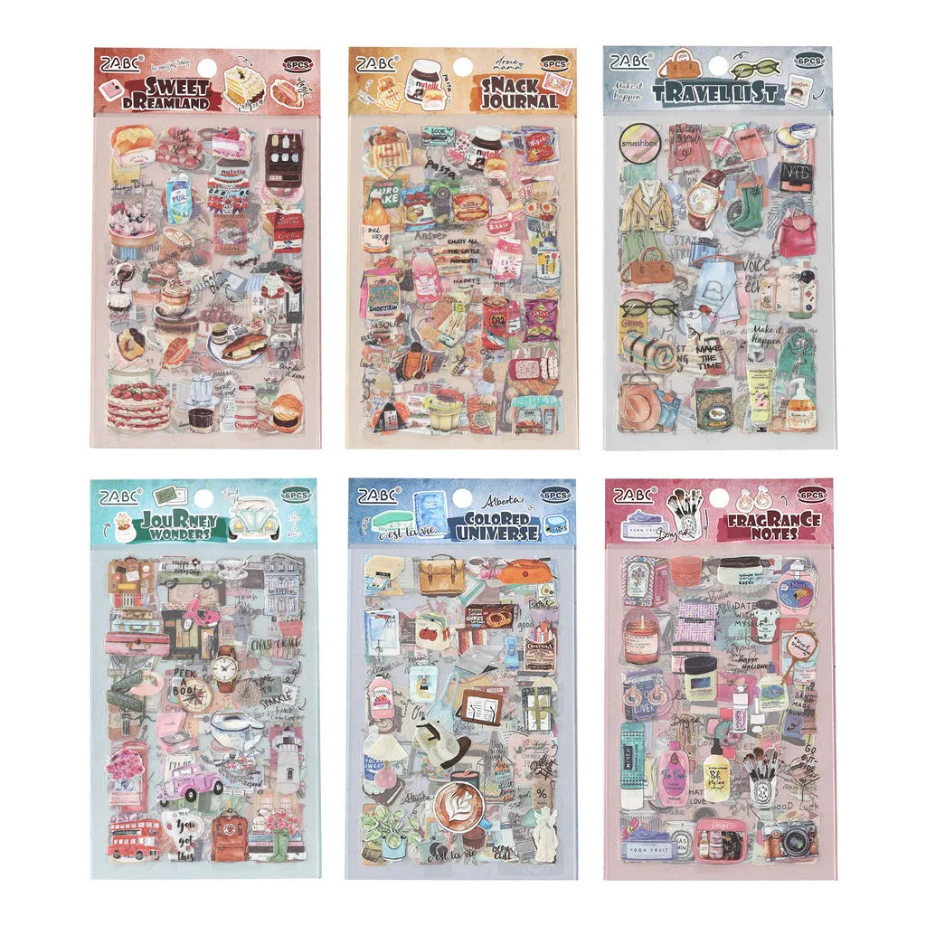 Journamm 6sheets Vintage Scrapbook Stickers PET Diary Sticker Pack for