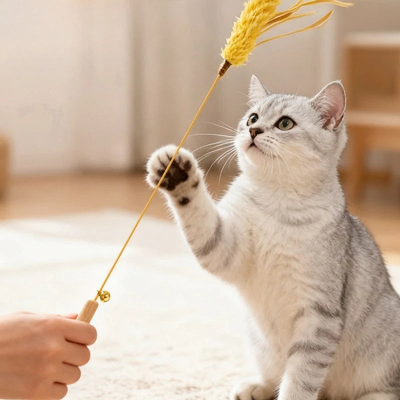 Cat Teaser Stick Toy Natural Bite Resistant Straw Bell Kitten Toy Pet
