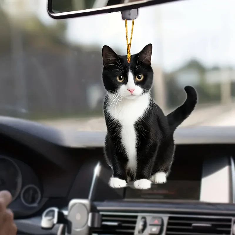 2D Acrylic Plush Black and White Cat Small Decorative Pendant for Car