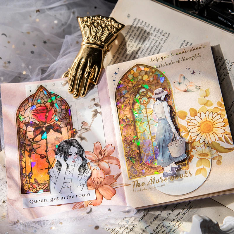 JIANQI 10pcs/pack Flowers Window Stickers Gold Foil Decor Junk Journal