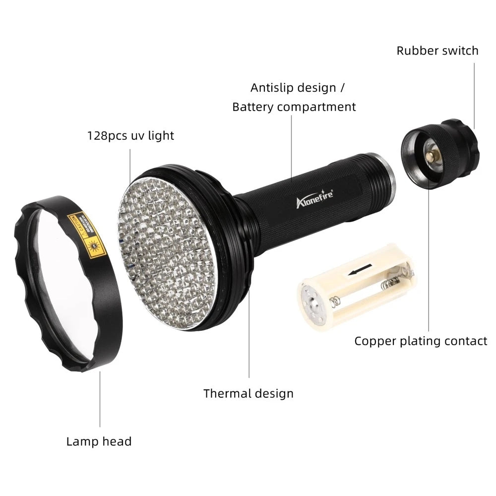 128LED 395nm UV Flashlight High Power Ultraviolet Torch Money Ore Pet