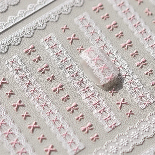 1pcs Sweet Pearl Lace Bow Nail Stickers Love Heart Pink White Black