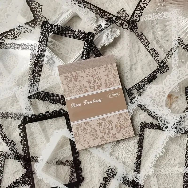30pcs, Vintage Style Black And White Lace Stickers Book DIY Diary Junk