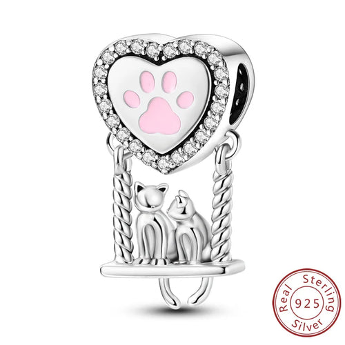 Charms 925 Sterling Silver Dog Cat Paw Print Love Pets Charms Beads