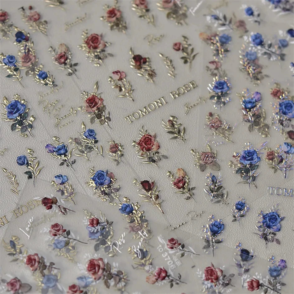 Japanese Vintage Red & Blue Rose Flower Laser Gold Silver Nail