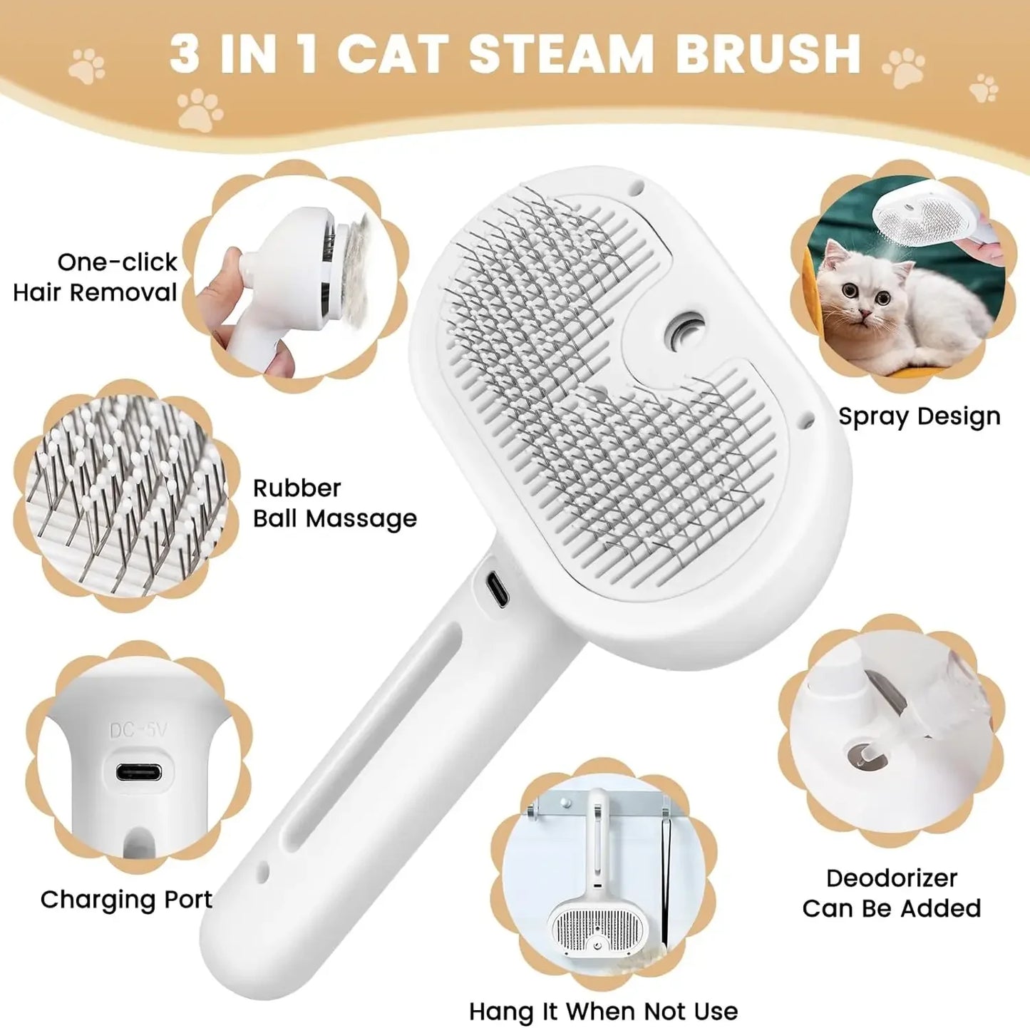 Upgraded Pet Spray Grooming Comb Steamy Floating Hair Removal Cleaning