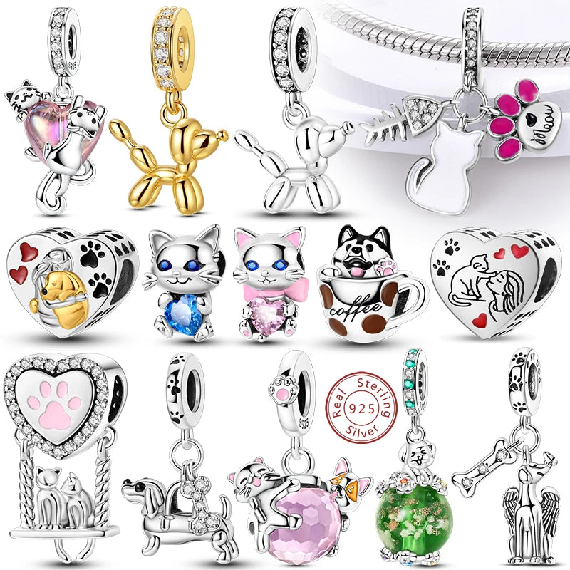 Charms 925 Sterling Silver Dog Cat Paw Print Love Pets Charms Beads