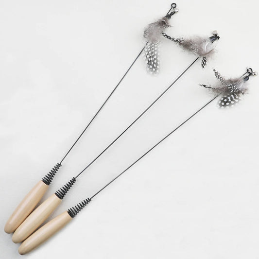 Wooden handle spring teasing cat stick pearl feather replacement head