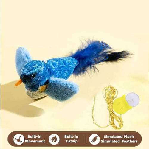 The pet cat toy emulates the sound bird to amuse the cat elastic rope