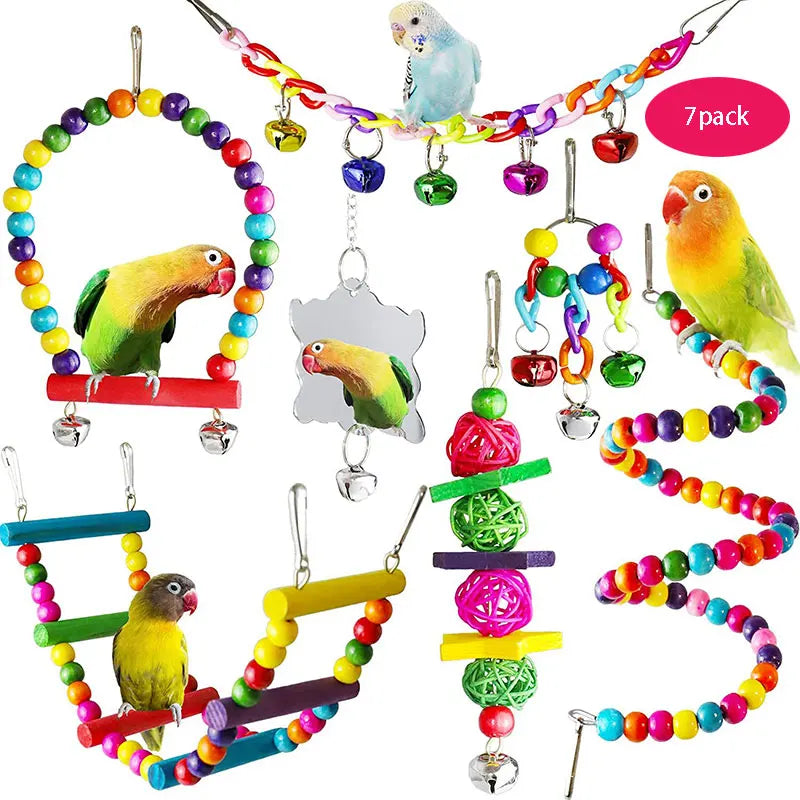 7PCS Bird Toy Wood Parrot Toys Set Cage Bird Accessories Swing