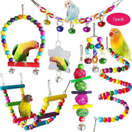 7PCS Bird Toy Wood Parrot Toys Set Cage Bird Accessories Swing