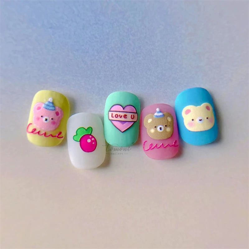1PCS Relief Adhesive Cute Smiling Face Teddy Bear Nail Sticker