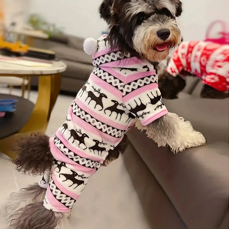 1pc Pet Christmas Reindeer Graphic Pajamas Hooded Jumpsuit For Puppy,
