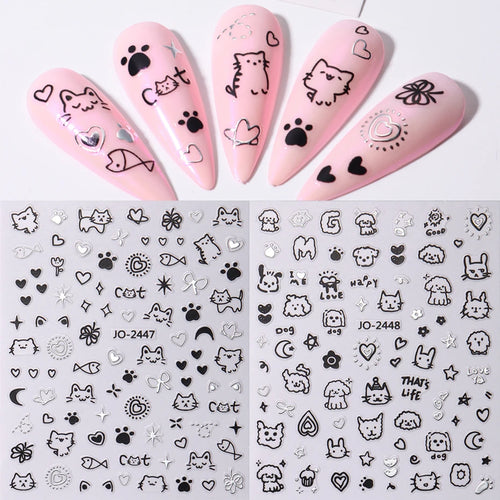 2Pcs Cartoon Cute Cat Nail Childlike Stickers Holographic Love Heart