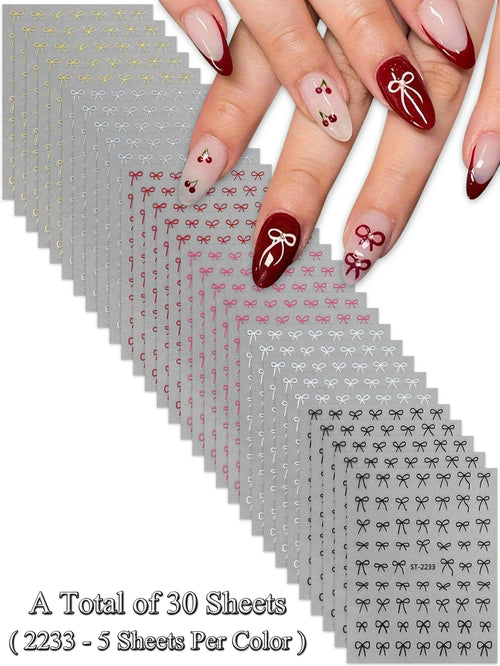 6/12/18/24/30 Sheets Bowknot Nail Stickers Cute Ribbon Design Self
