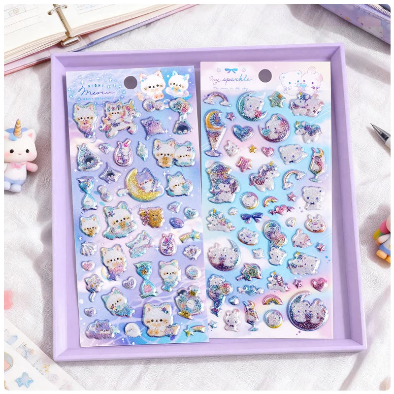 3 pcs/6 pcs Sweet Candy Pets Cat Coffee Cakes Flash Puffy 3D Stickers