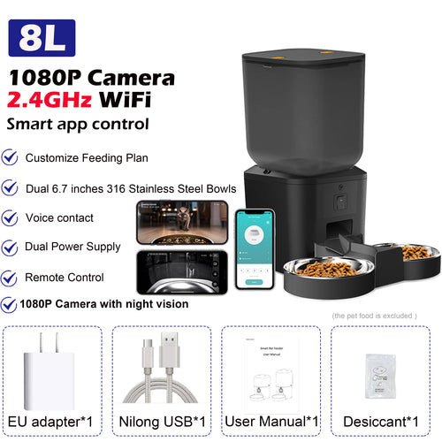 8L Automatic Cat Feeder With 1080p Camera Video 5G WiFi Cat Food