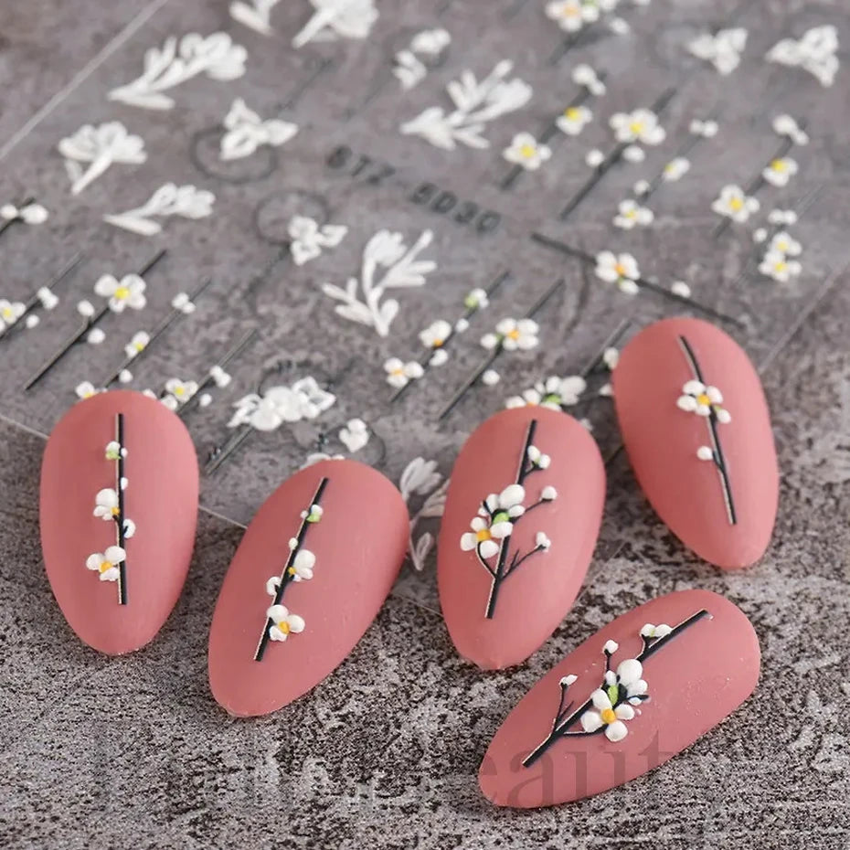 5D Simple Flowers Nail Embossed Stickers Elegant Wedding Design