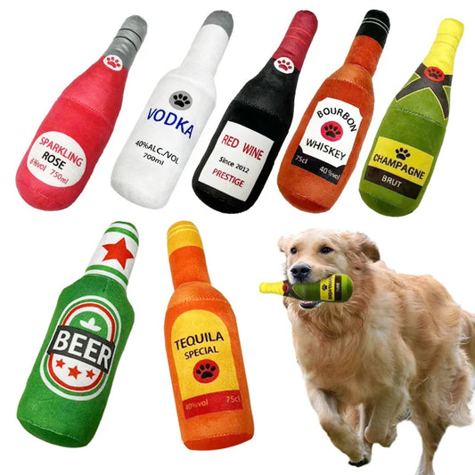 Funny Plush Dog Toys Beer Bottle Shaped Small Large Dogs Squeak Sound