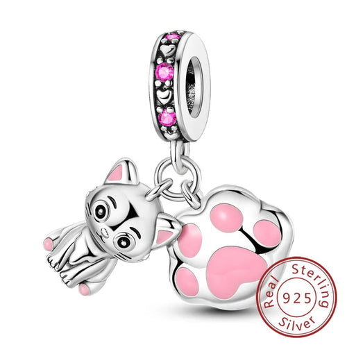 Charms 925 Sterling Silver Dog Cat Paw Print Love Pets Charms Beads