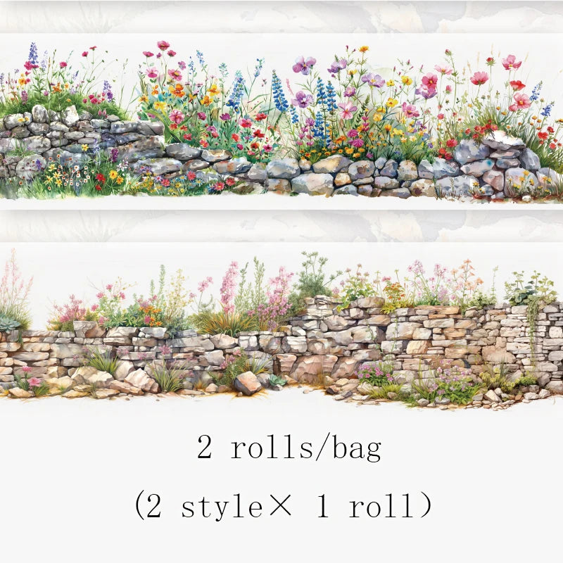 2 Roll PET Tape Green Field Flower Wall Series Sealing Stickers Album