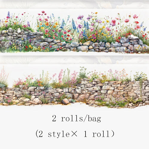 2 Roll PET Tape Green Field Flower Wall Series Sealing Stickers Album