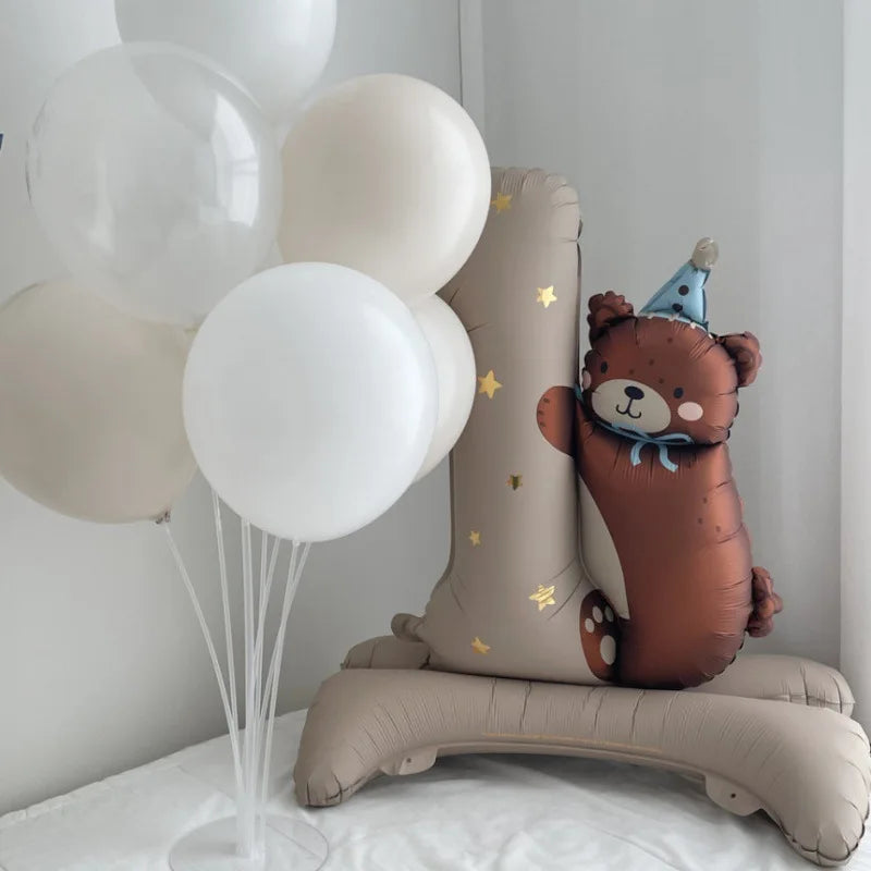 1PC Brown Pink Blue Bear One Year Old Standing Balloon Children's Baby