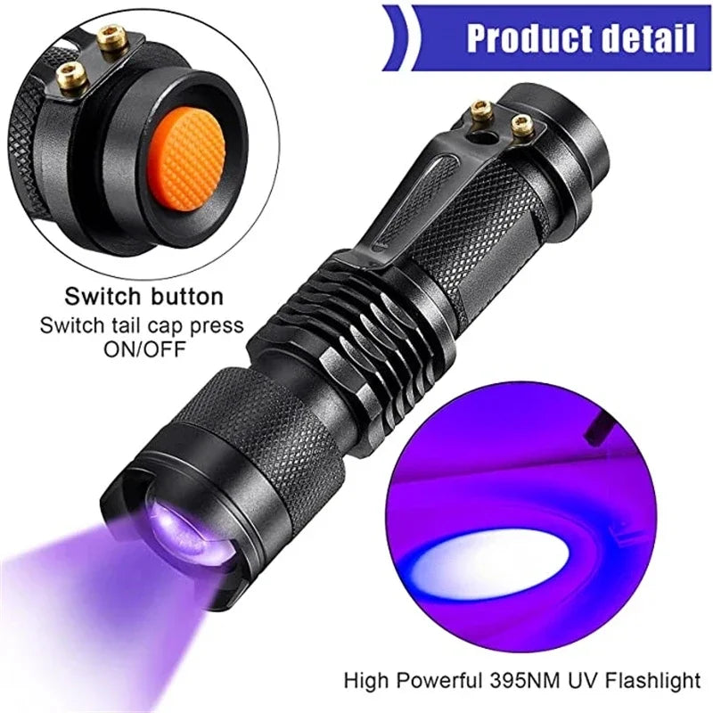 LED UV Flashlight 365/395nm Portable Mini Ultraviolet Torch Waterproof