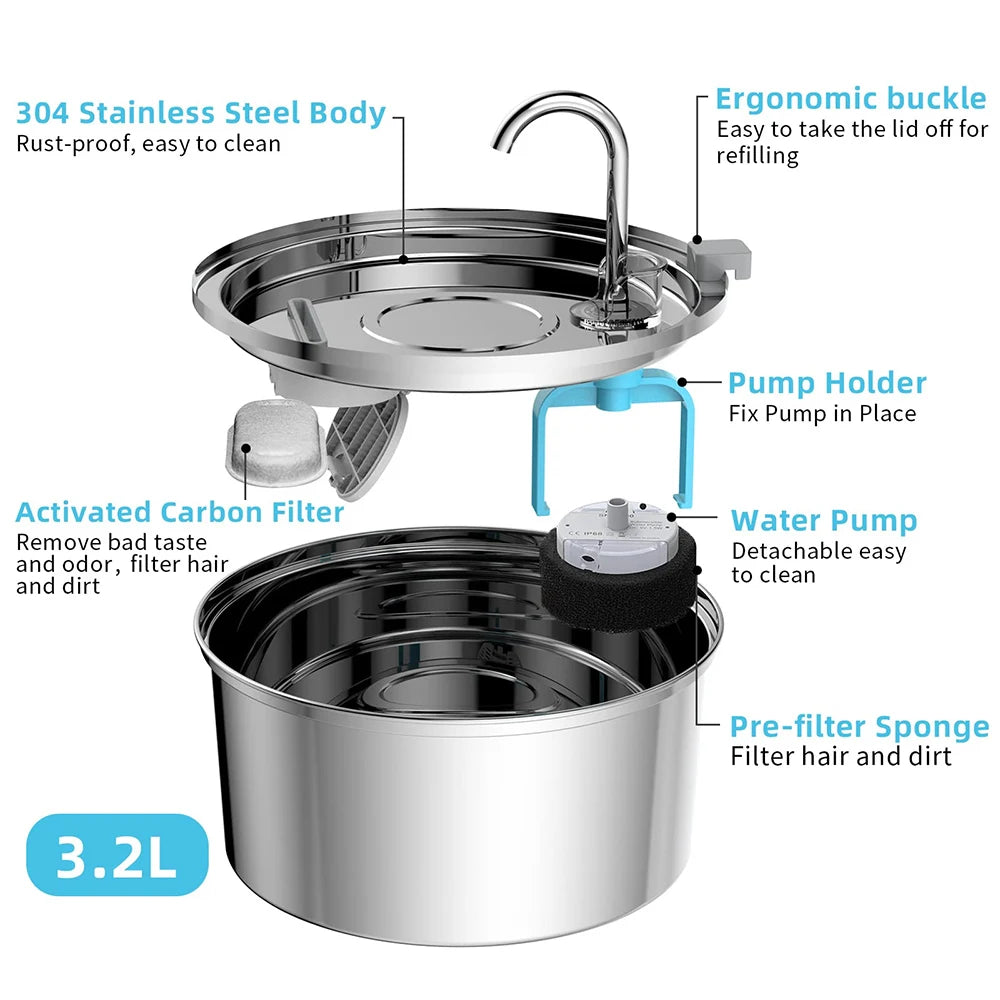 Stainless Steel Pet Water Feeder Cat Automatic Water Fountain USB
