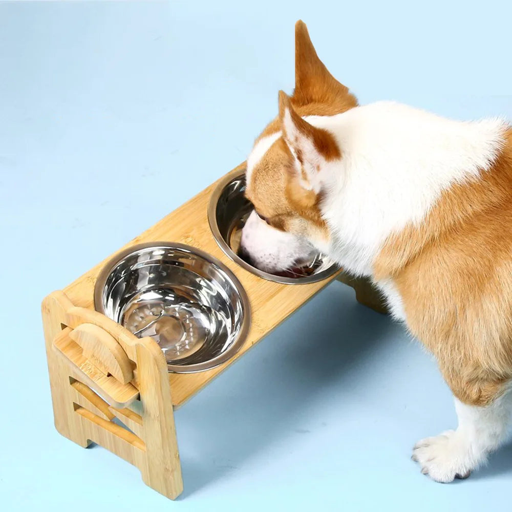 Adjustable wooden raised dog bowl stand with 2 stainless steel bowls