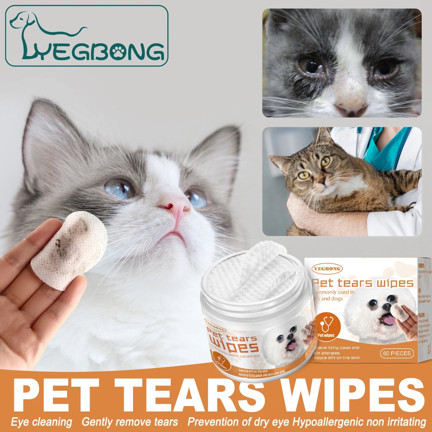 YEGBONG Pet Eye Wipe for Cats Dogs Remove Tear Marks Stain Cleaning
