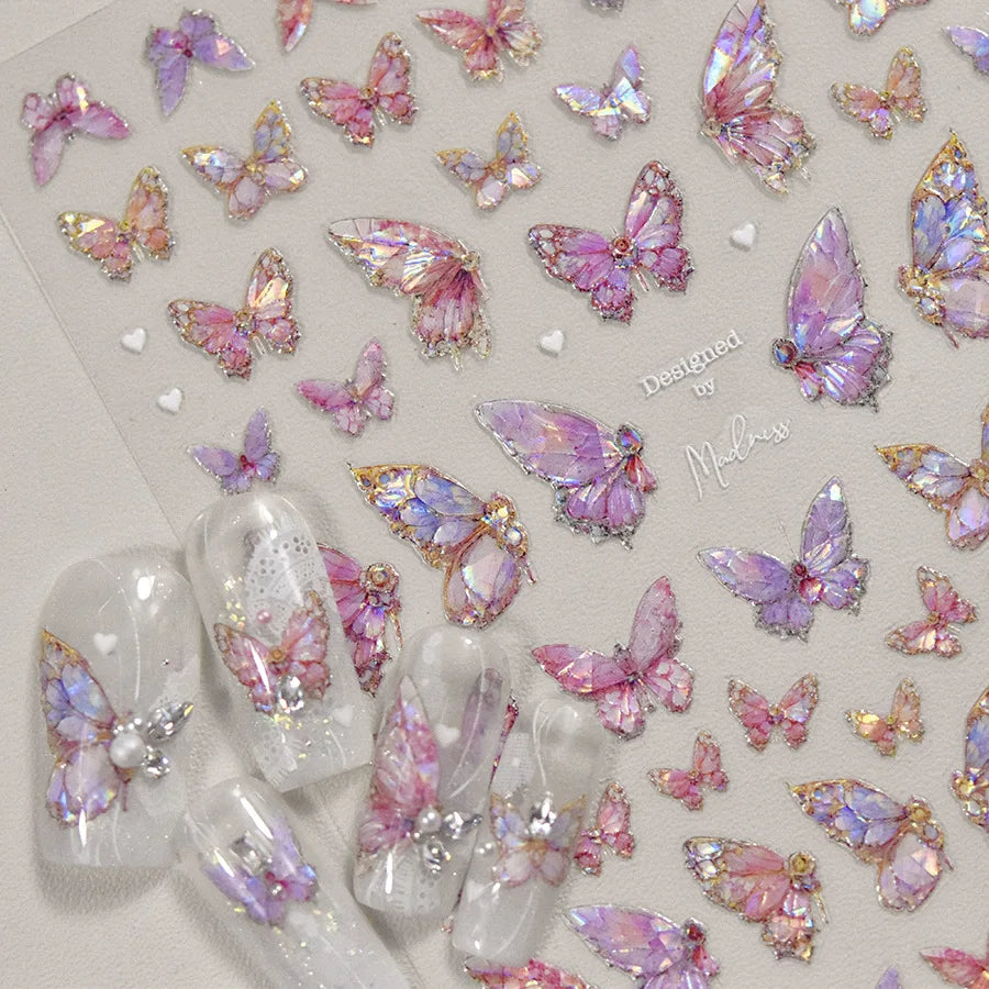 1Pcs 5D Embossed Aurora Butterfly Nail Art Stickers Self Adhesive