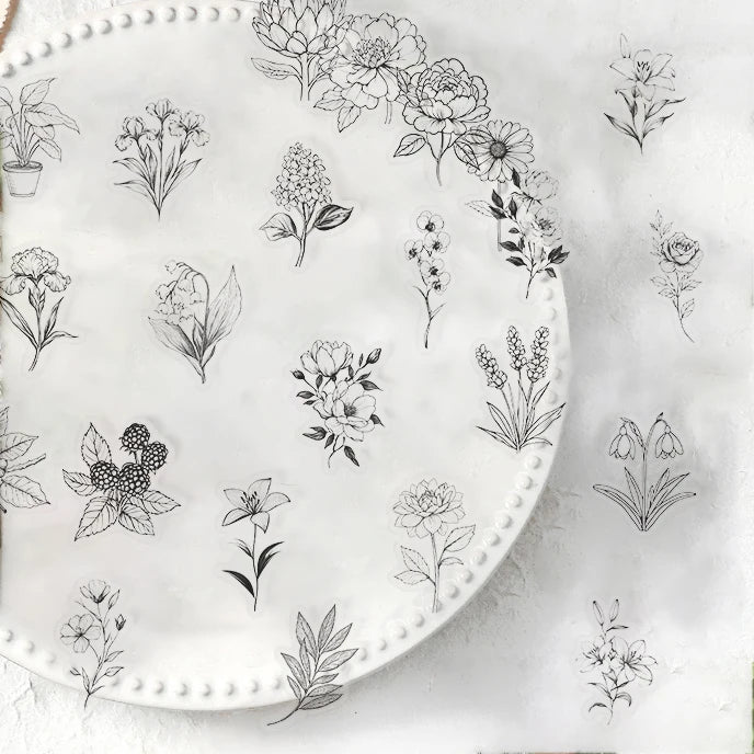 50pcs Black and White Plants Pattern Stickers Perfect for DIY Phone