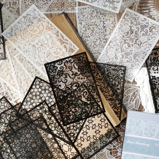 30pcs, Vintage Style Black And White Lace Stickers Book DIY Diary Junk